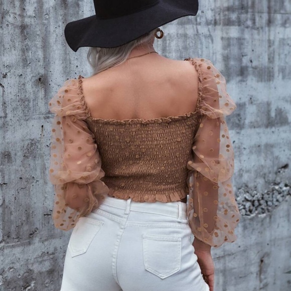 camel polka dot sheer sleeve crop boho top - Picture 12 of 12